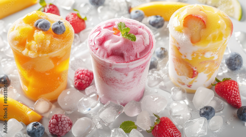 A table is covered with a variety of colorful scoops of ice cream topped with fresh fruits like strawberries, blueberries, and kiwi A table is covered with a variety of colorful scoops of ice cream topped with fresh fruits like strawberries, blueberries, and kiwi