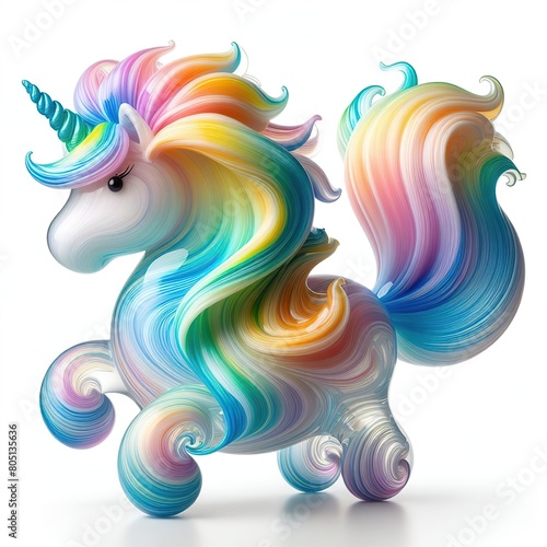 A stunning blown glass sculpture of a playful, cute unicorn with seamlessly blended rainbow colors, white background © JetHuynh