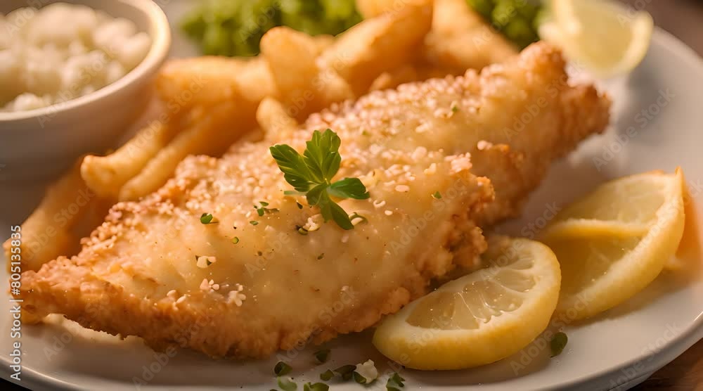 Golden Delights: A Scrumptious Plate of Fish and Chips Bathed in Warm Light Golden Delights: A Scrumptious Plate of Fish and Chips Bathed in Warm Light