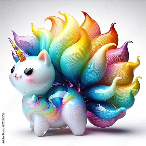 A stunning blown glass sculpture of a playful, cute caticorn with seamlessly blended rainbow colors, white background photo