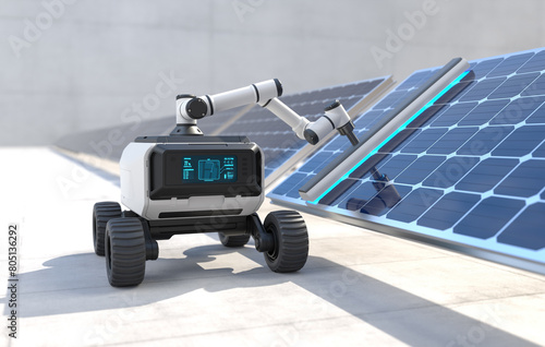Robot clean solar panels, Automatic robot cleaning solar cell, Renewable energy concept. 3D illustration