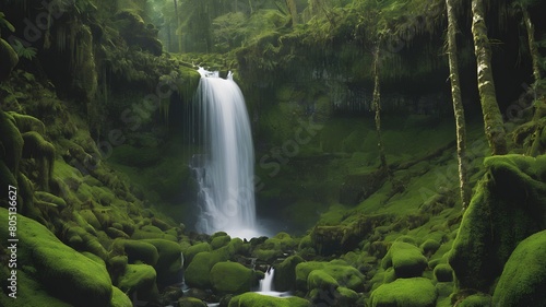 waterfall in the forest with green trees
