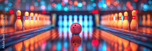 Victorious moment as the bowling ball knocks down all the pins in a strike. AI generative. photo