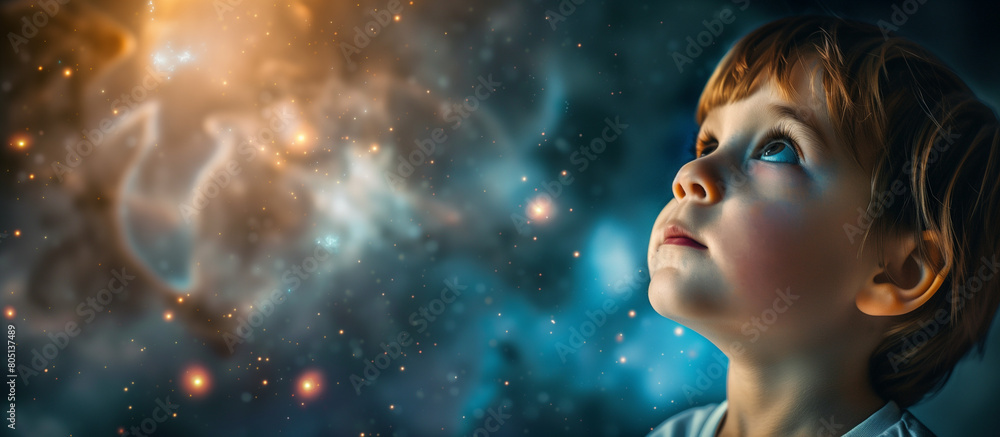 Little boy looking up in cosmos with curiosity and wonder , love and peace concept Little boy looking up in cosmos with curiosity and wonder , love and peace concept
