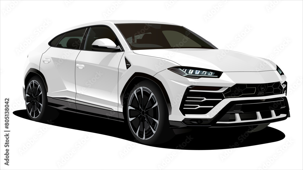 Realistic Vector Sport Car SUV Isolated, in White color with 3d perspective and transparency gradients, in front 3d isometric view