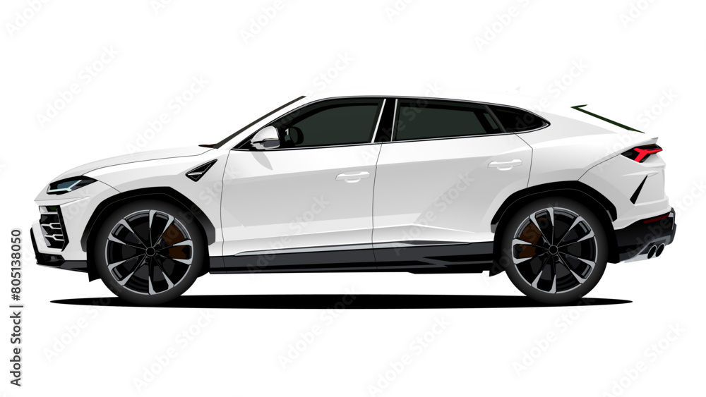 Realistic Vector Sport Car SUV Isolated, in White color with 3d perspective and transparency gradients, in side view.