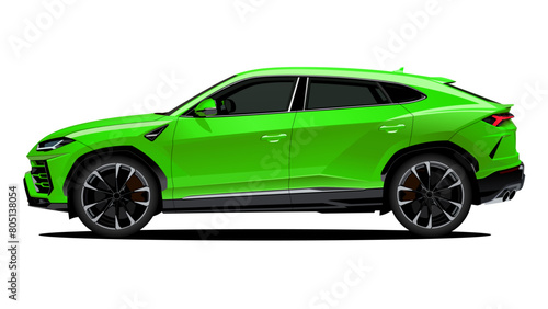 Realistic Vector Sport Car SUV Isolated  in Green color with 3d perspective and transparency gradients  in side view.