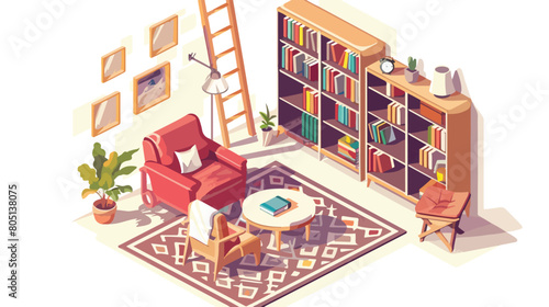 Living room isometric design with table chair bookcas