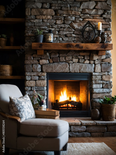 Stone Hearth Serenity  Photograph Showcasing a Fireplace Against a Rustic Stonewall for Maximum Coziness.