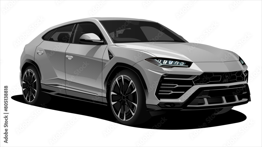 Realistic Vector Sport Car SUV Isolated, in Gray color with 3d perspective and transparency gradients, in front 3d isometric view