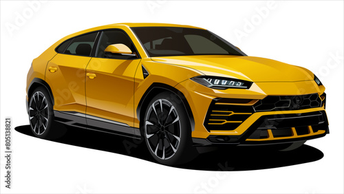 Realistic Vector Sport Car SUV Isolated, in Yellow color with 3d perspective and transparency gradients, in front 3d isometric view