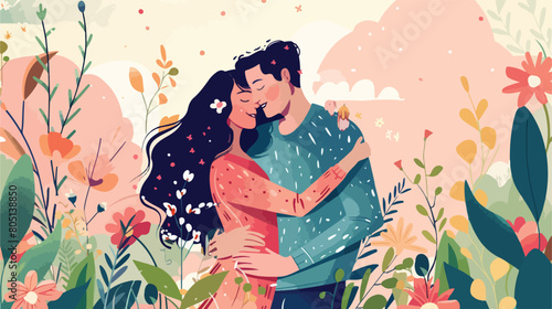 Loving couple in spring. Cute vector illustration