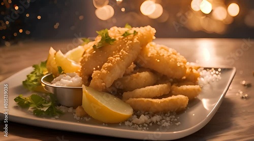 Golden Delights: A Scrumptious Plate of Fish and Chips Bathed in Warm Light