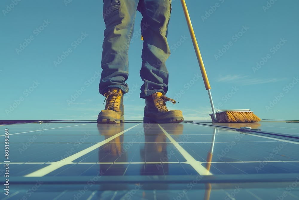Obraz premium a man cleaning a solar panel with a broom on a roof