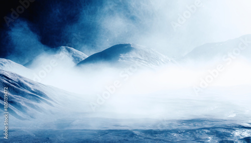 superficie ghiacciata avvolta in nebbie e vapori di una luna aliena photo