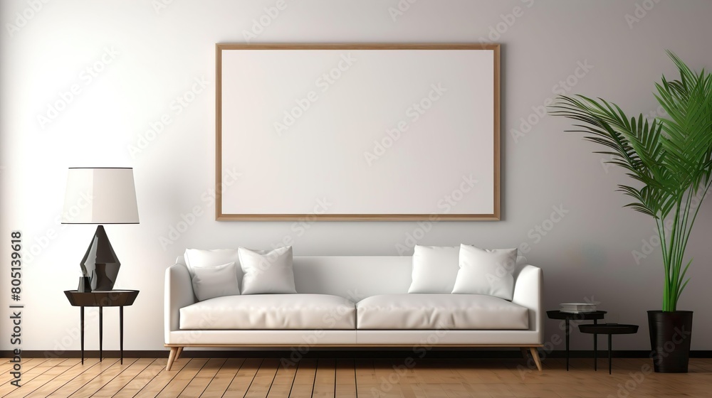 White minimalist bright living room Mock up poster frame modern interior background.