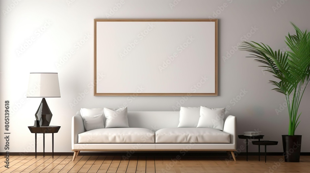 Fototapeta premium White minimalist bright living room Mock up poster frame modern interior background.