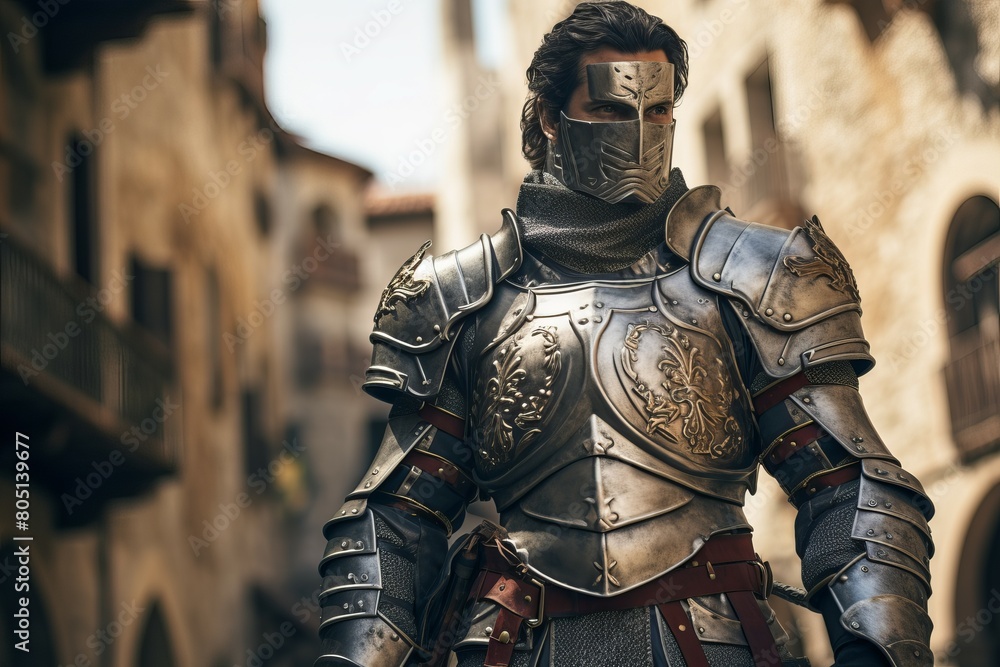 Armored Medieval knight man medieval city. War armor. Generate Ai