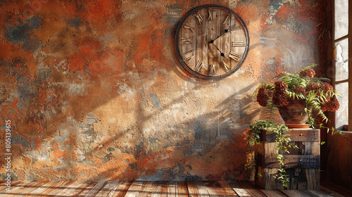 A warm, earthy terracotta wall with a rustic, wooden clock in natural wood tone.