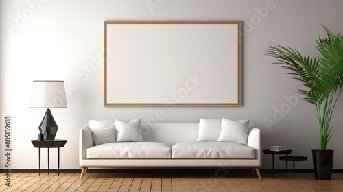 White minimalist bright living room Mock up poster frame modern interior background.