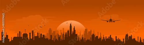 Silhouetten Stadt - Skyline Metropole mit Wolkenkratzern und Flugzeug  im Sonnenaufgang - Reise Urlaub Flugreise