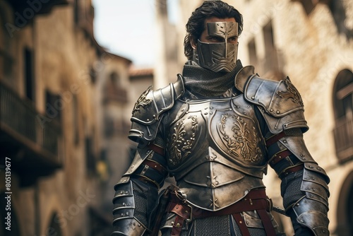 Armored Medieval knight man medieval city. War armor. Generate Ai