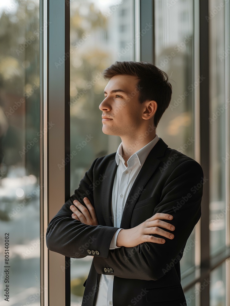 young business man standing in front of large windows with his arms crossed. in a modern office setting with daytime lighting. generative AI young business man standing in front of large windows with his arms crossed. in a modern office setting with daytime lighting. generative AI