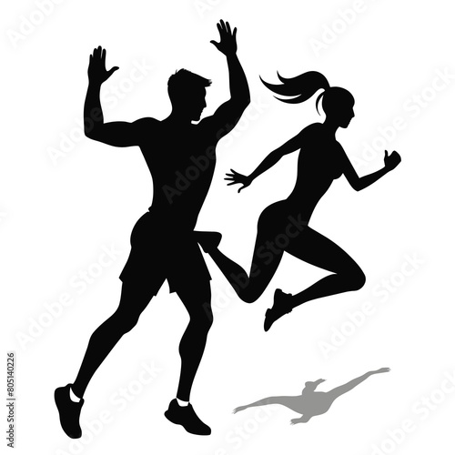 Man and woman jumping silhouettes art