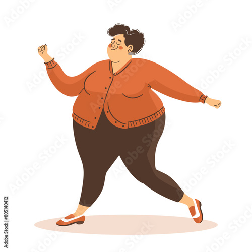 Happy overweight woman dancing, joyful plus size lady expressing happiness through dance, body positivity concept. Smiling plus size female cartoon character casual clothing grooves music, enjoys