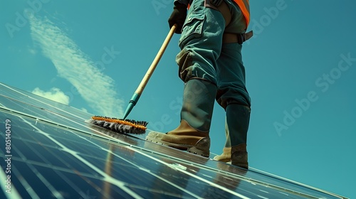 a man cleaning a solar panel with a broom on a roof