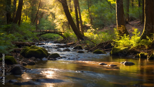 Sun-dappled woodland stream, A tranquil creek winding through a forest bathed in golden sunlight.