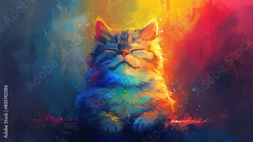 Whimsical digital painting of a chubby cat, cloaked in a spectrum of vibrant colors, capturing its endearing and funny character photo