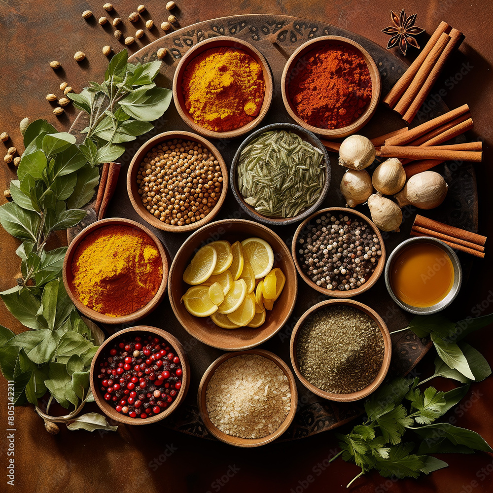 spices and herbs on a wooden table