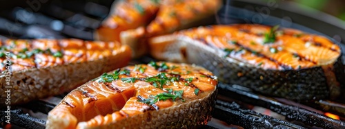 grilled salmon steaks. selective focus photo