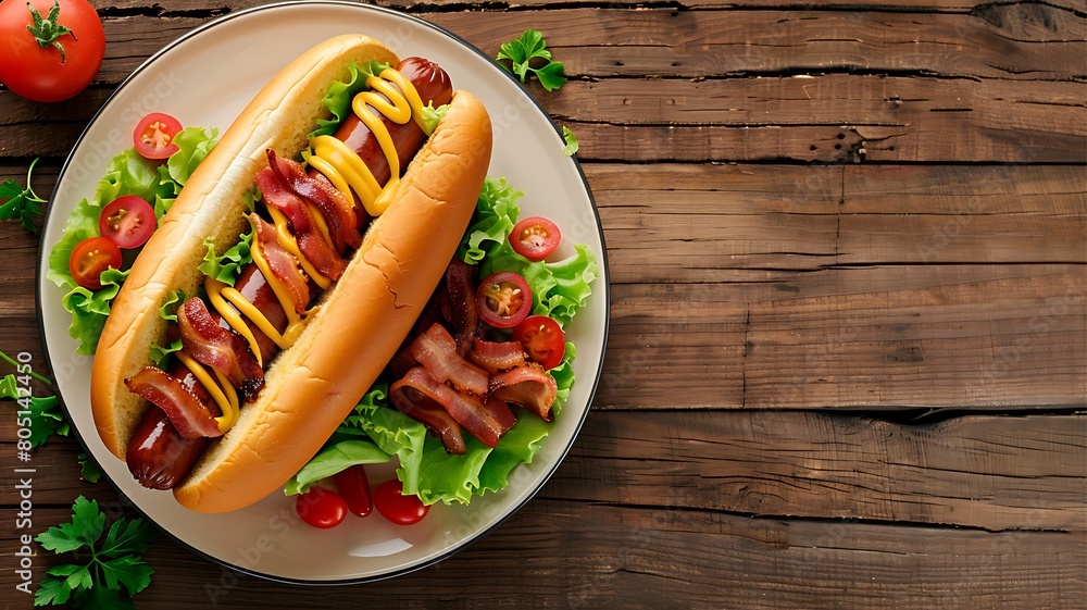 Hot-dog with crispy bacon on the plate in wooden table, photo taken from above Hot-dog with crispy bacon on the plate in wooden table, photo taken from above
