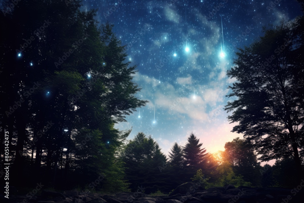 Fototapeta premium Starfall Countdown: Shooting stars forming a countdown to the arrival of a comet with mystical properties.