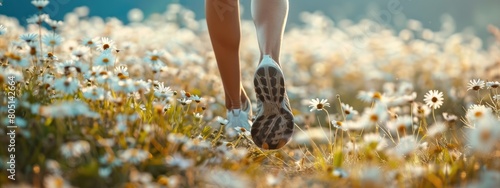 close-up of athlete's legs running across a field of daisies photo
