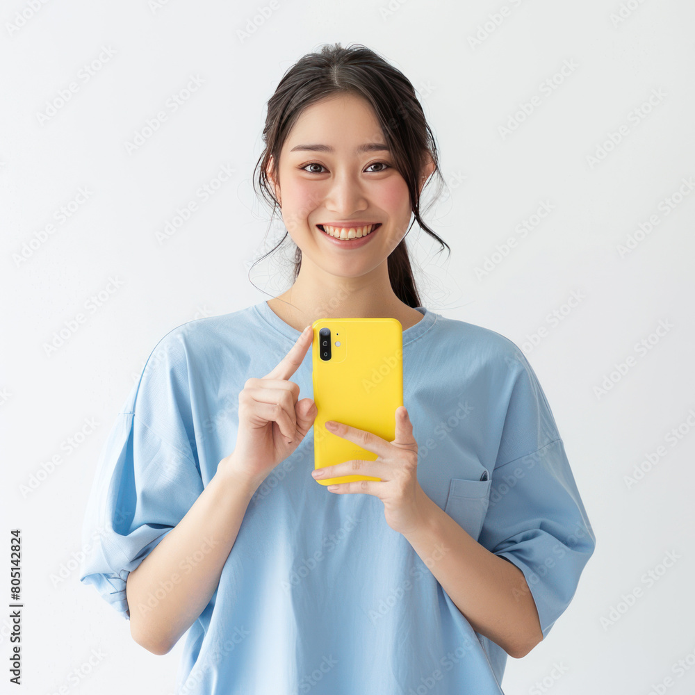 Photo of a Japanese woman holding an Phone and point Photo of a Japanese woman holding an Phone and point