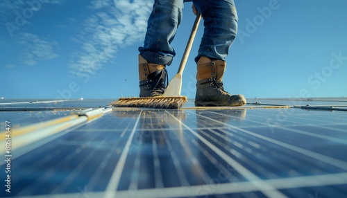 a man cleaning a solar panel with a broom on a roof