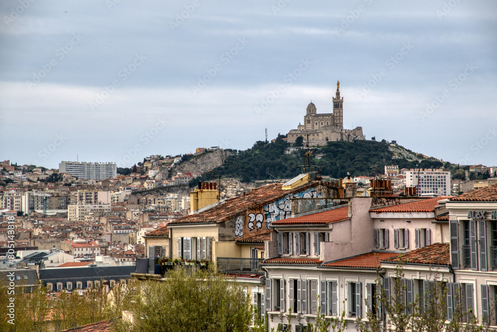 View of Marseille with the Basilica of Notre Dame de la Garde in the background. France.
