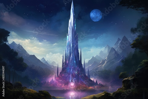 Crystal Spire Countdown: A towering spire made of enchanted crystals, each facet counting down to a magical convergence. photo