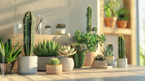 Succulent plants in white pots bathed in soft sunlight, epitomizing minimalism and tranquility. AI generative.