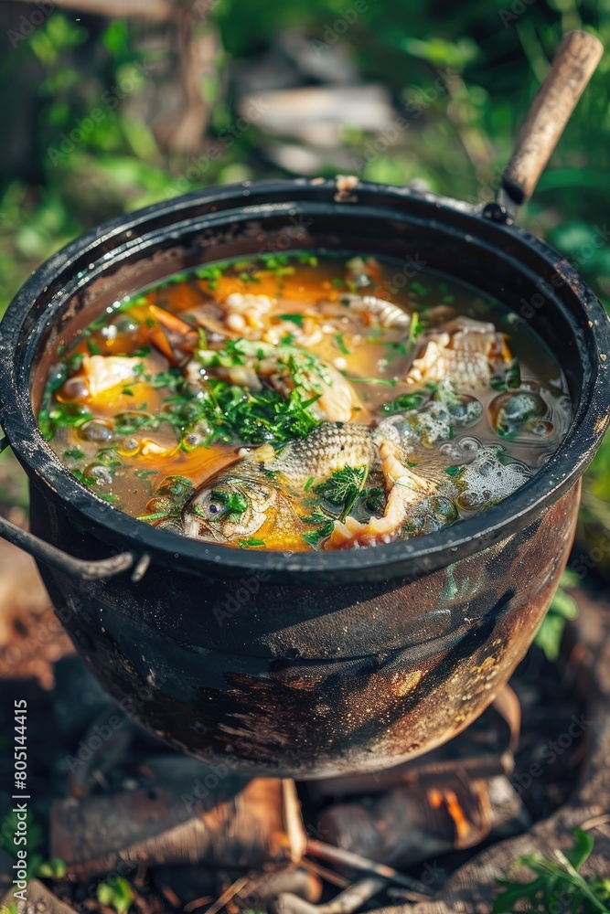 fish soup is cooked in a cauldron outdoors fish soup is cooked in a cauldron outdoors