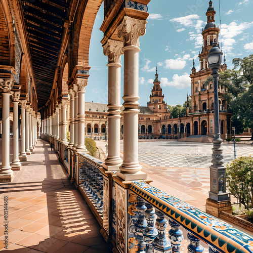 Sunny day at the historic plaza de espana, showcasing ceramic tiled rails and grand columns photo