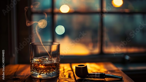 A glass of whiskey and a pipe stand on an old brown wooden table and table across the window. A slightly dim light enters the environment from the window and illuminates the table.