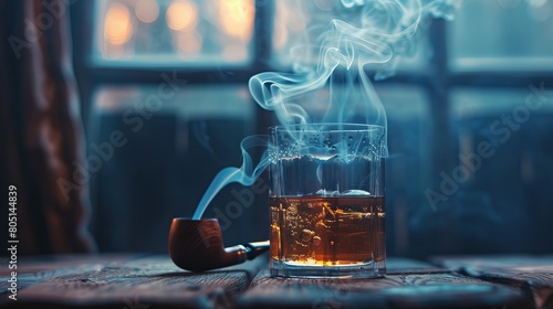 A glass of whiskey and a pipe stand on an old brown wooden table and table across the window. A slightly dim light enters the environment from the window and illuminates the table. photo