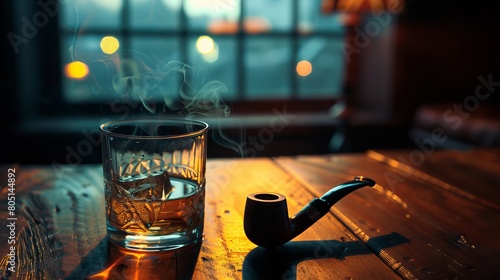 A glass of whiskey and a pipe stand on an old brown wooden table and table across the window. A slightly dim light enters the environment from the window and illuminates the table. photo