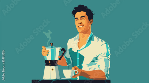 Handsome man with geyser coffee maker and cup of espr