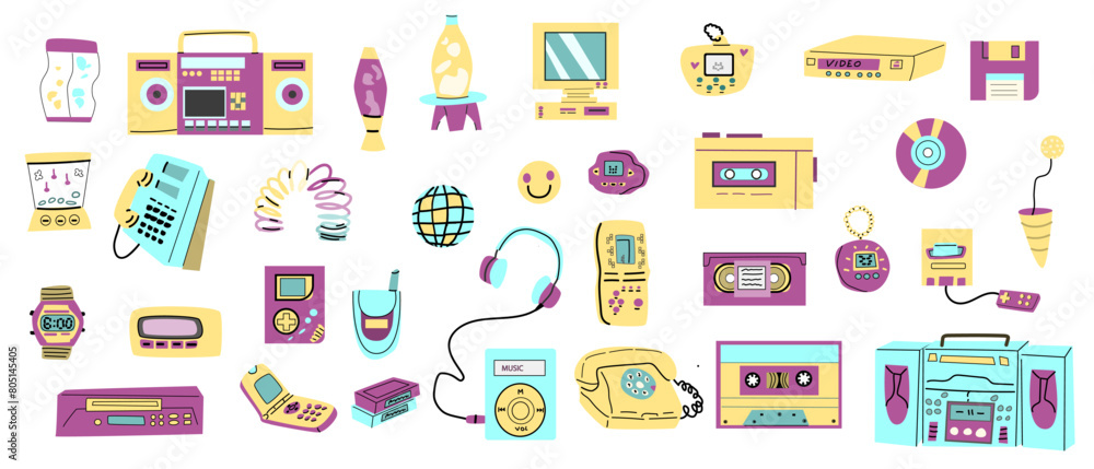 90s retro elements set or 80s, or y2k elements, retro style, game and music items. Can use for stickers, banner, greeting card. 90s retro elements set or 80s, or y2k elements, retro style, game and music items. Can use for stickers, banner, greeting card.