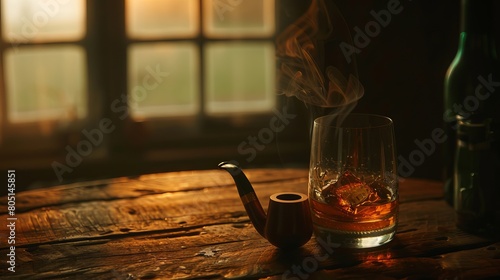 A glass of whiskey and a pipe stand on an old brown wooden table and table across the window. A slightly dim light enters the environment from the window and illuminates the table.